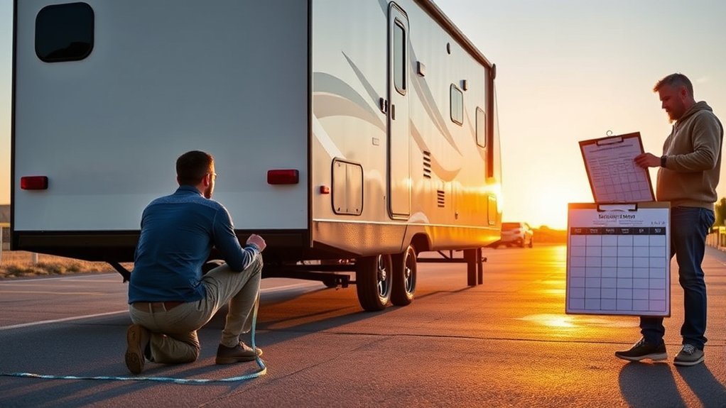 RVer verifying actual travel trailer dimensions with tape measure on level ground