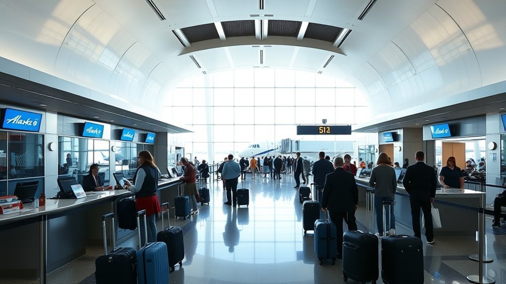 Alaska and Hawaiian Airlines check-in area on the departures level of LAX Terminal 6