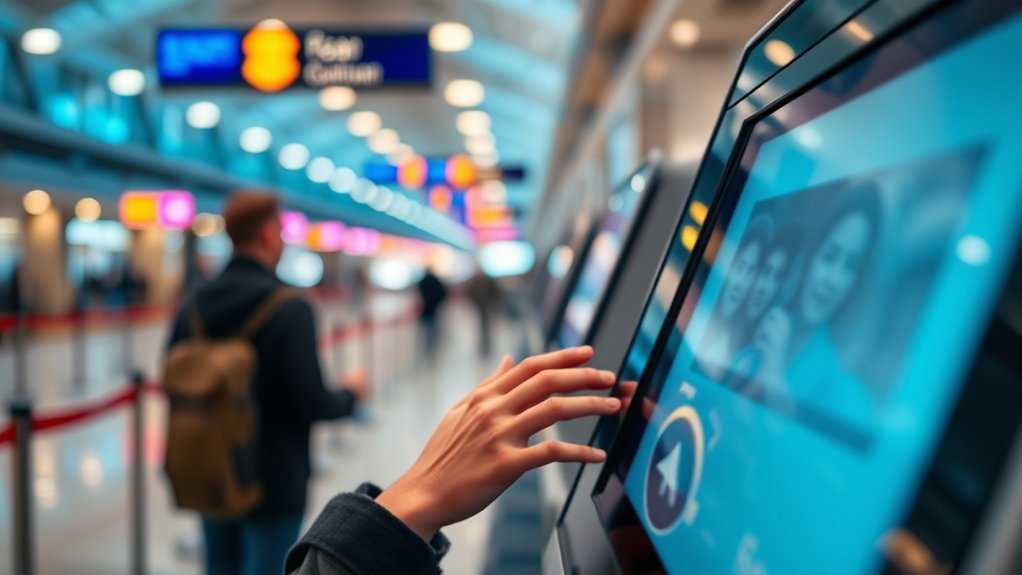 A traveler looking frustrated at a mobile phone screen while waiting at an airport terminal
