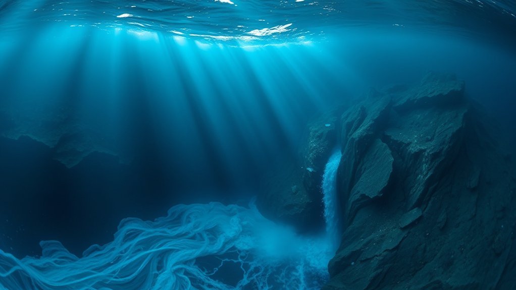 Oceanographic diagram illustrating the Denmark Strait underwater cascade where cold dense Arctic water sinks beneath warmer Atlantic water