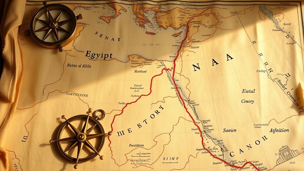 Diagram comparing proposed routes for the Exodus through and around the Sinai region