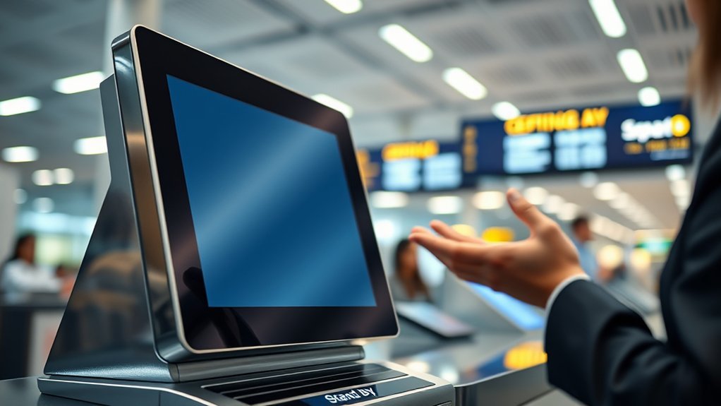 United Airlines gate agent assisting a passenger with standby flight options at the airport counter