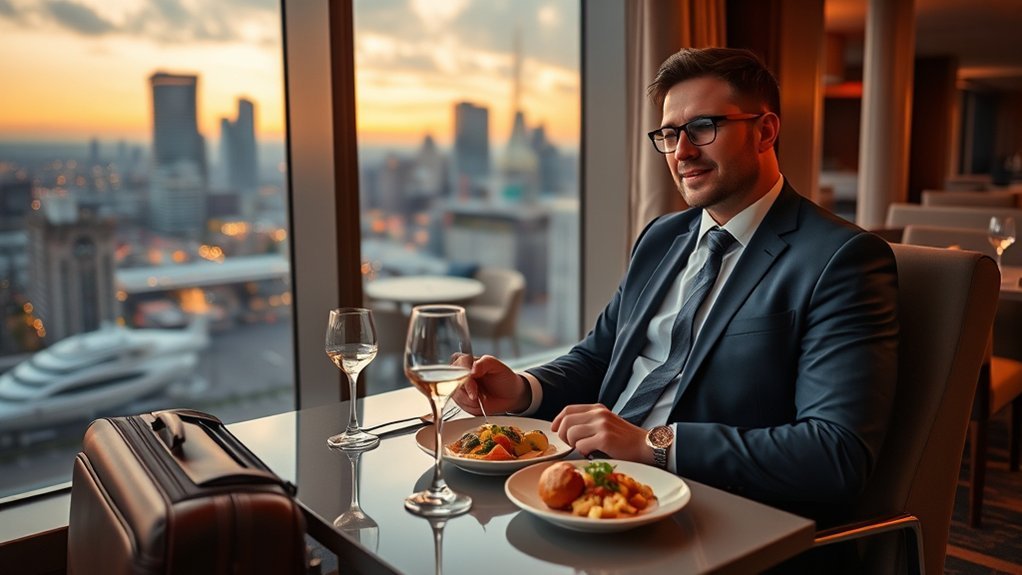 Business traveler eating an included hotel meal
