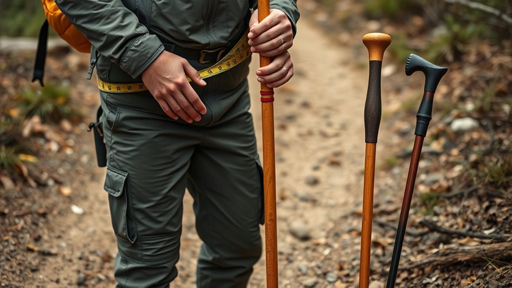 person checking correct walking staff length and elbow angle before buying