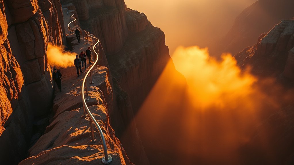 Hikers approach the exposed chain-assisted ridge on Angels Landing in Zion National Park