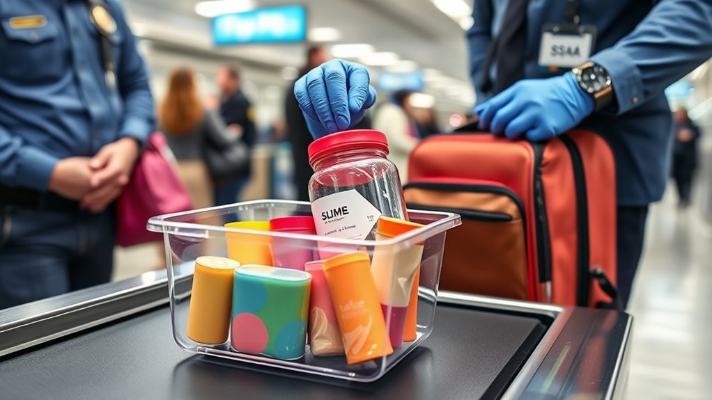 TSA officer inspecting a passenger's slime container at a security checkpoint
