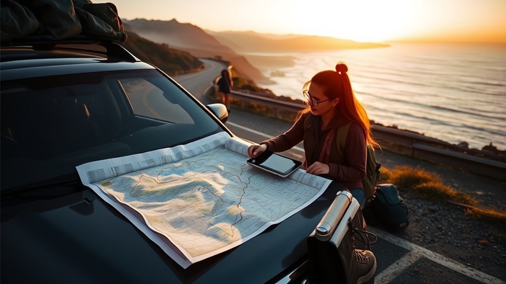 Traveler defining road trip goals and planning a driving route