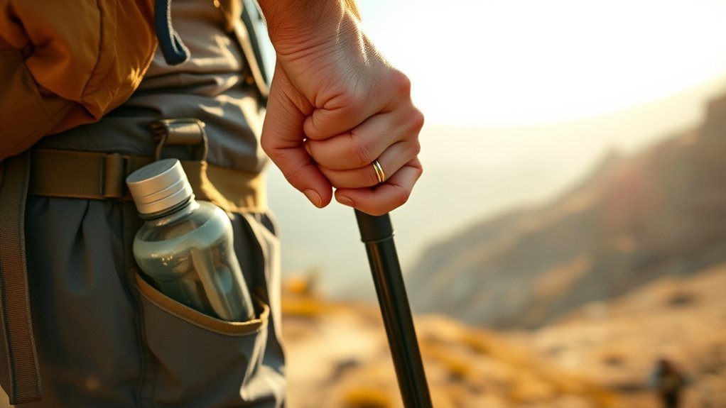 Hiker checking swollen fingers while managing fluids on a long hike