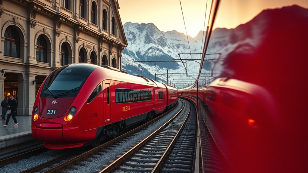 Panoramic Bernina Express train passing over an alpine viaduct en route to St. Moritz