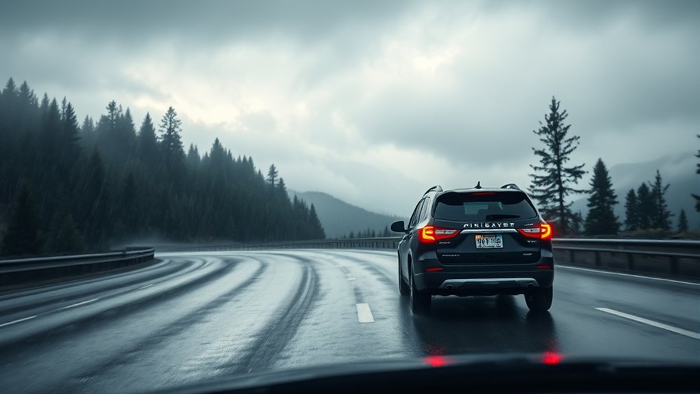 safe driving in rain with headlights and extra following distance