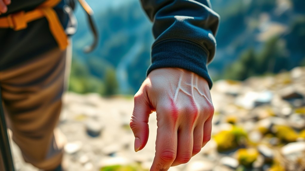 Hiker stretching fingers to ease hand soreness on the trail