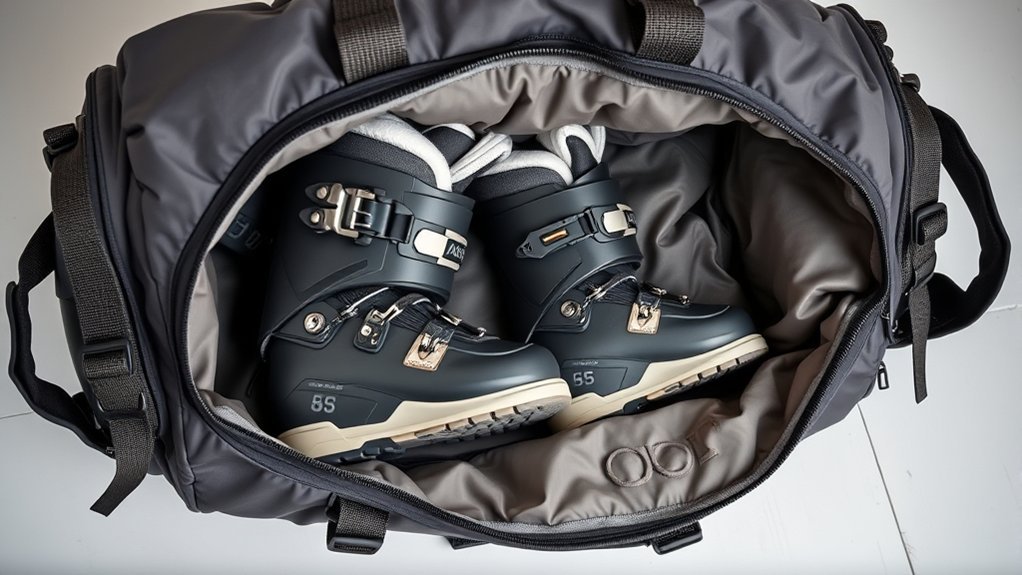 ski boots packed diagonally at the base of an open duffel bag with organized winter gear