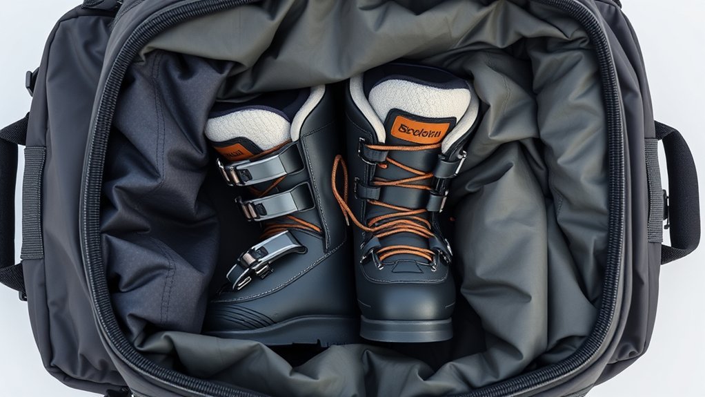 ski boots, gloves, and folded clothing organized inside a packed duffel bag