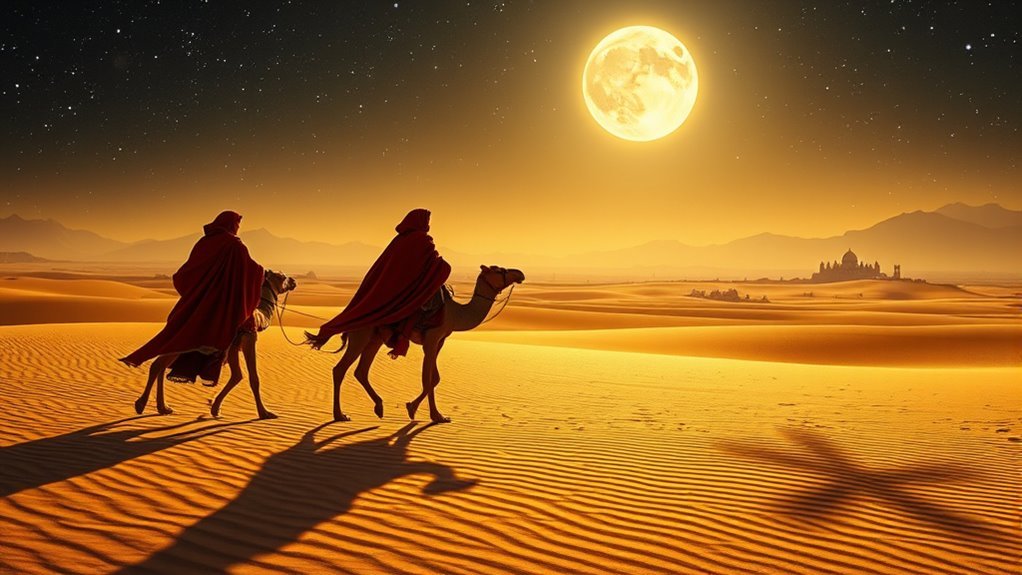 Magi caravan making a long journey across an ancient desert landscape