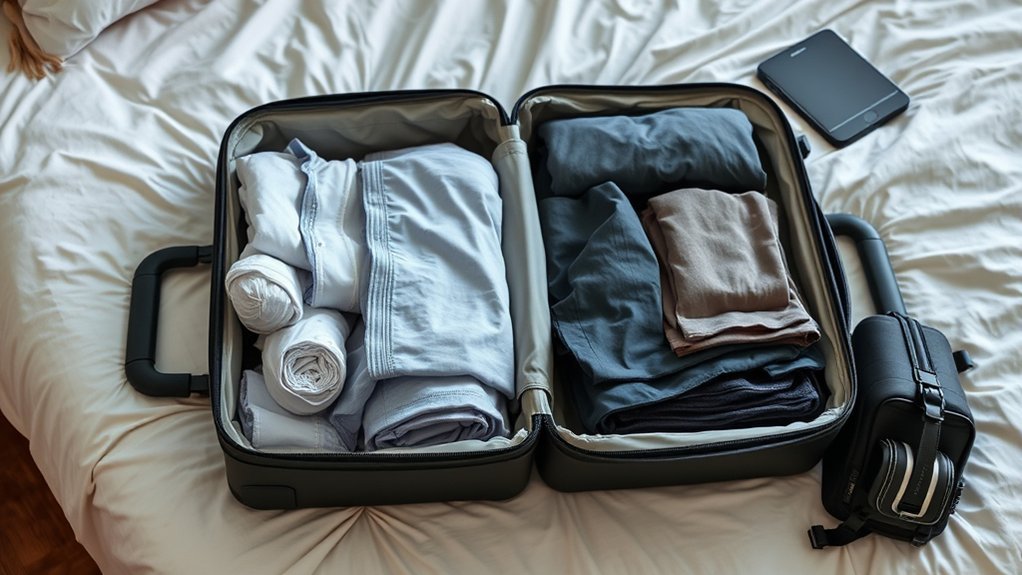 Packing cubes organizing rolled and folded clothes inside travel luggage