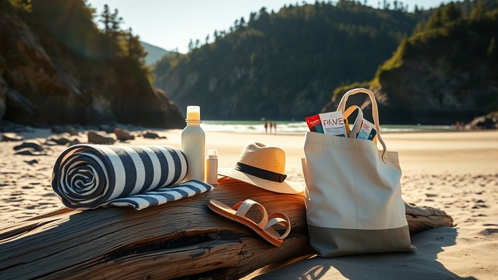 Wreck Beach essentials including water, sunscreen, towel, snacks, and grippy footwear