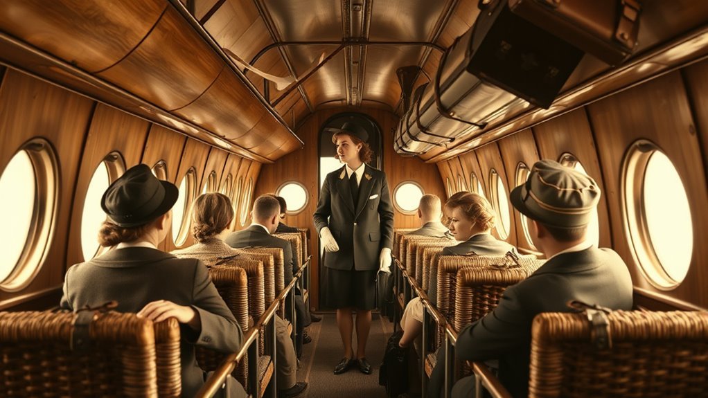 Passengers inside an early commercial aircraft with a small, loud, unpressurized cabin