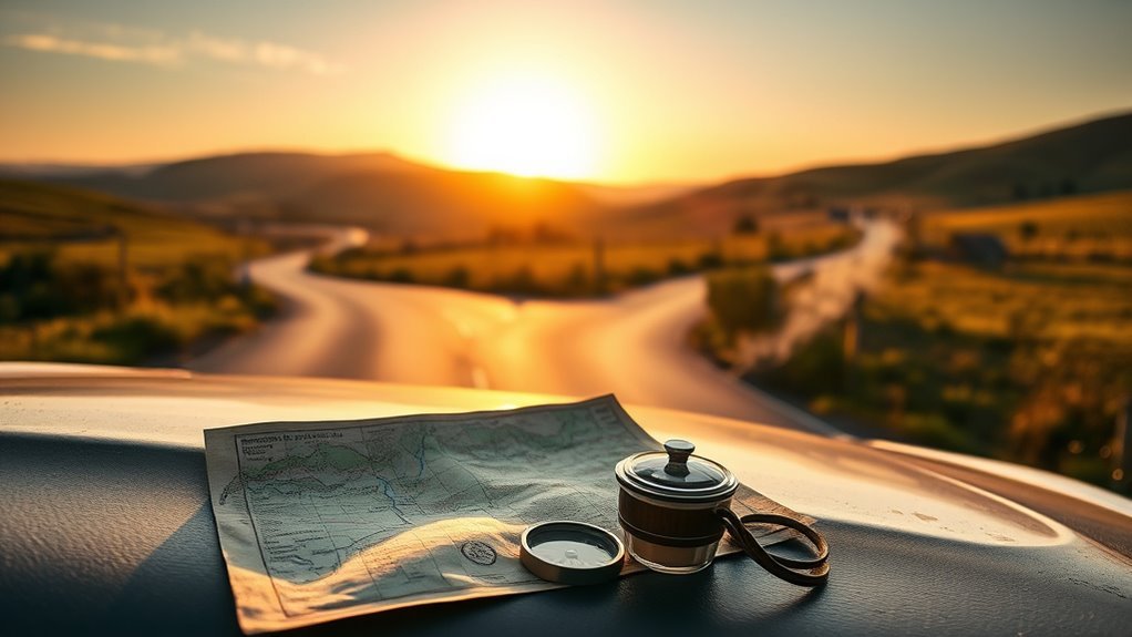 Car traveling on a scenic back road during a planned road trip
