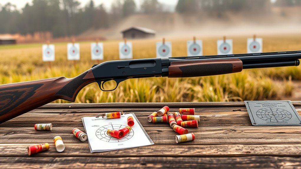 Diagram showing factors influencing 12 gauge birdshot range including choke constriction and shot size