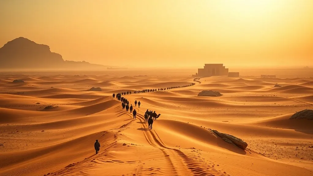 Historical illustration of the desert terrain and nomadic wanderings during the biblical Exodus