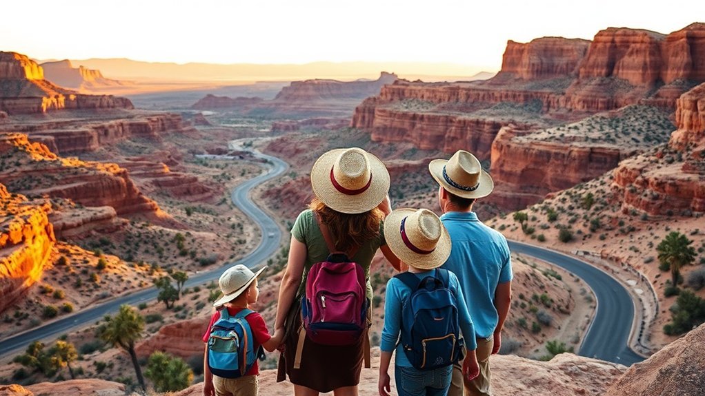 Family exploring red sandstone formations on a desert adventure near Las Vegas