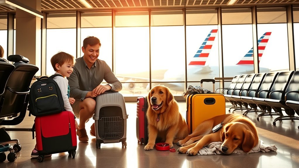 Family reviewing airline rules for children and pets
