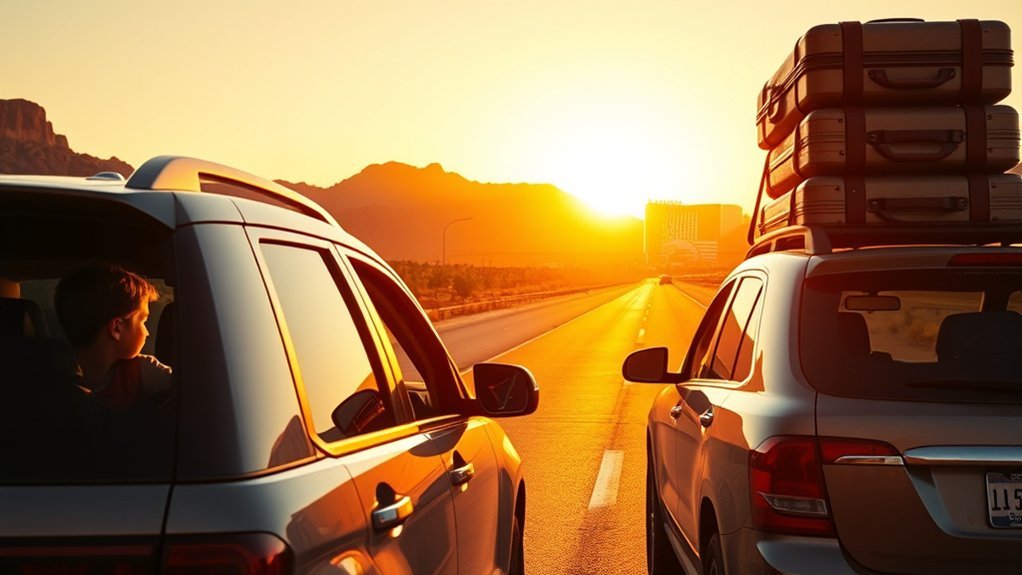 Family arriving at Las Vegas airport for an outdoor road trip