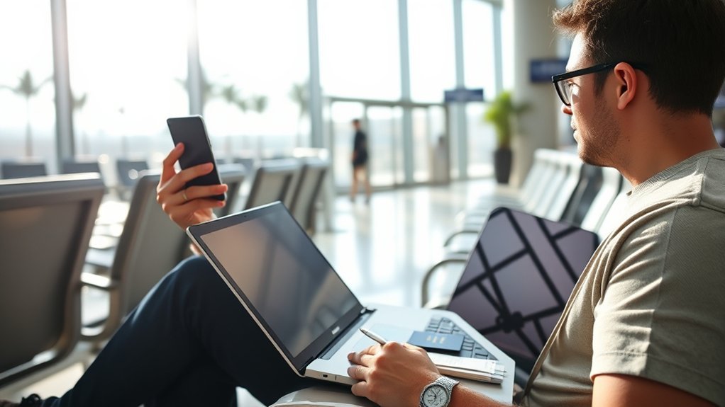 Traveler using free Wi-Fi at Cancun International Airport