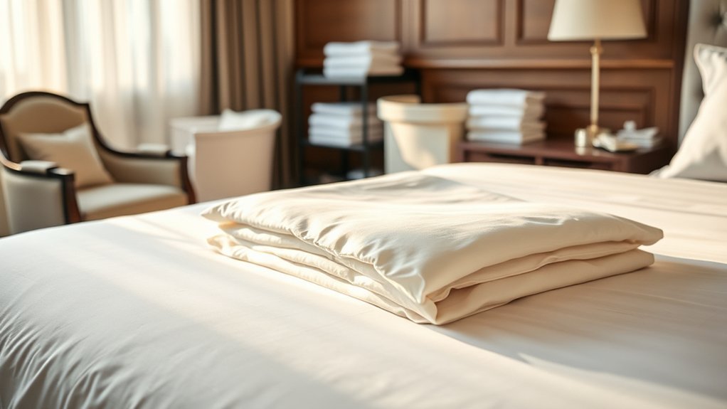Stack of freshly laundered white bath towels and linens prepared for hotel guests