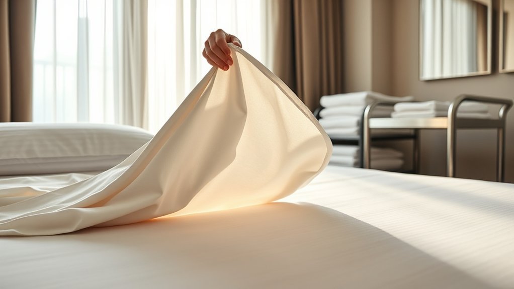 Freshly laundered crisp white hotel bed sheets tucked neatly on a hotel bed