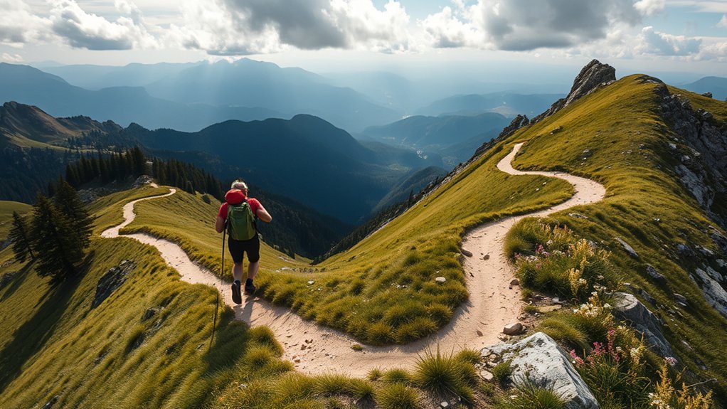 A Hiker Traverses A Set Of Switchbacks to Ascend: Travel Guide Hiker following a zigzag switchback trail up a steep hillside