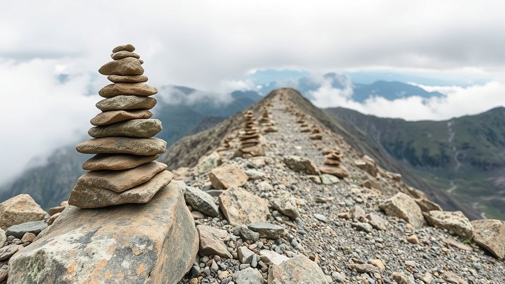 A sequence of stone cairns guiding a hiker through an alpine environment