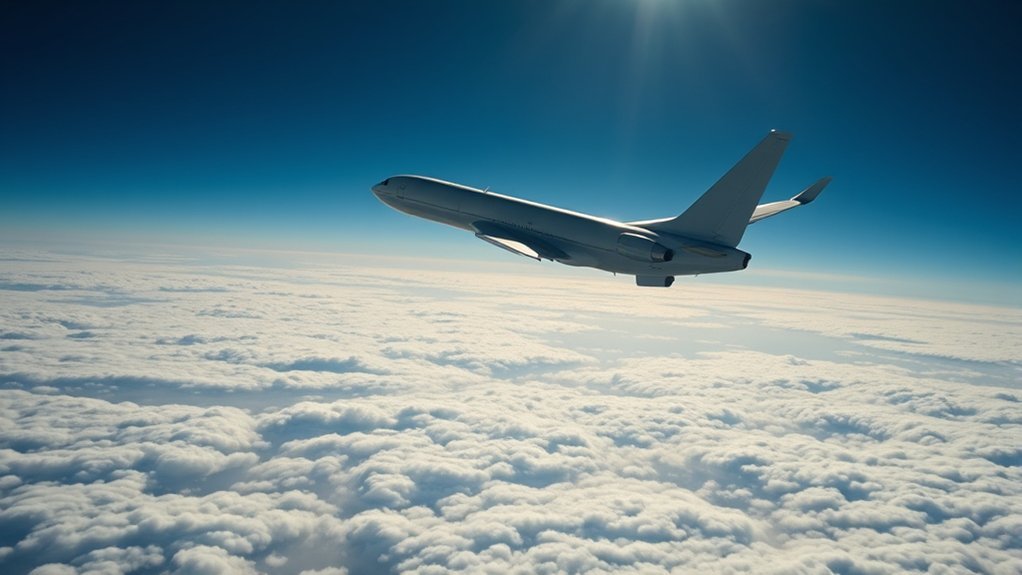 Commercial jet airliner flying above high altitude clouds at 35,000 feet cruising altitude