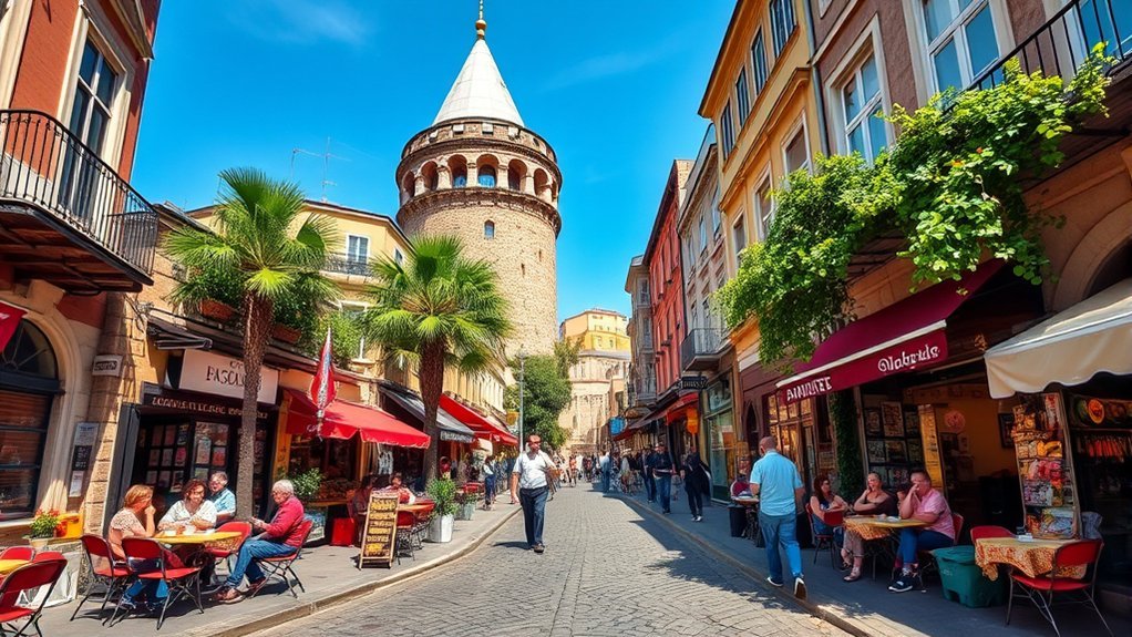 Galata Tower rising above historic streets and creative shops in Istanbul