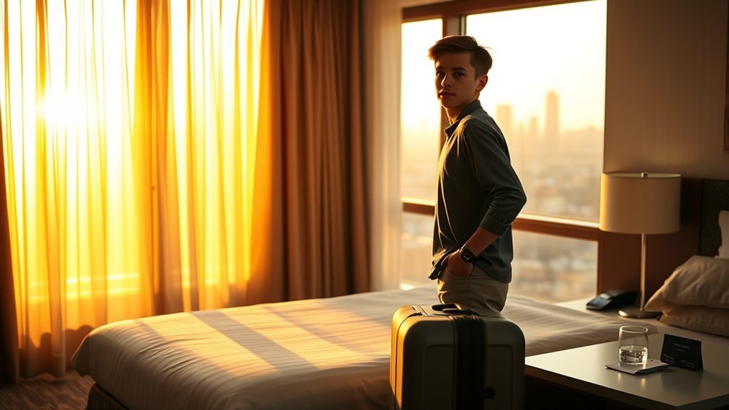 Teen checking hotel minimum-age and parental-consent requirements