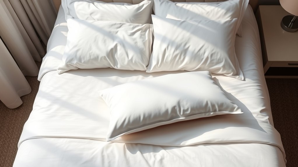 Hotel housekeeper changing white bed sheets and pillowcases between guest stays