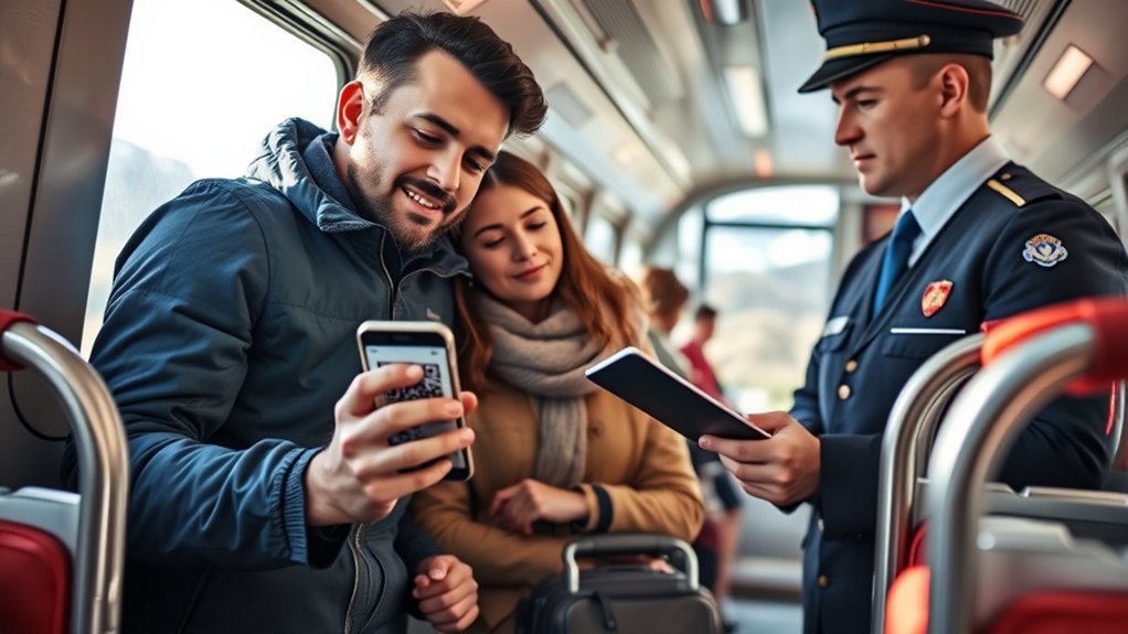 Train conductor inspecting passenger tickets and checking passport identity documents