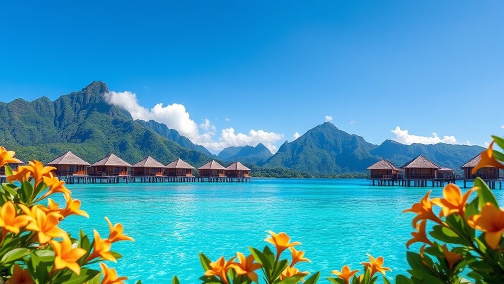 Overwater bungalows and turquoise lagoon in French Polynesia during dry season