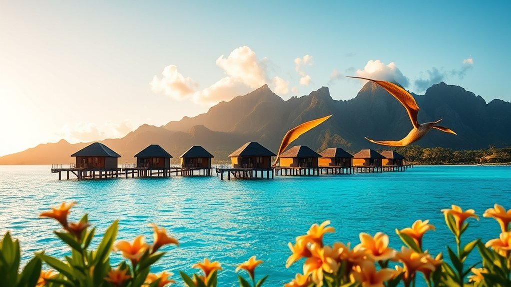 Turquoise lagoon and tropical island scenery in French Polynesia in October