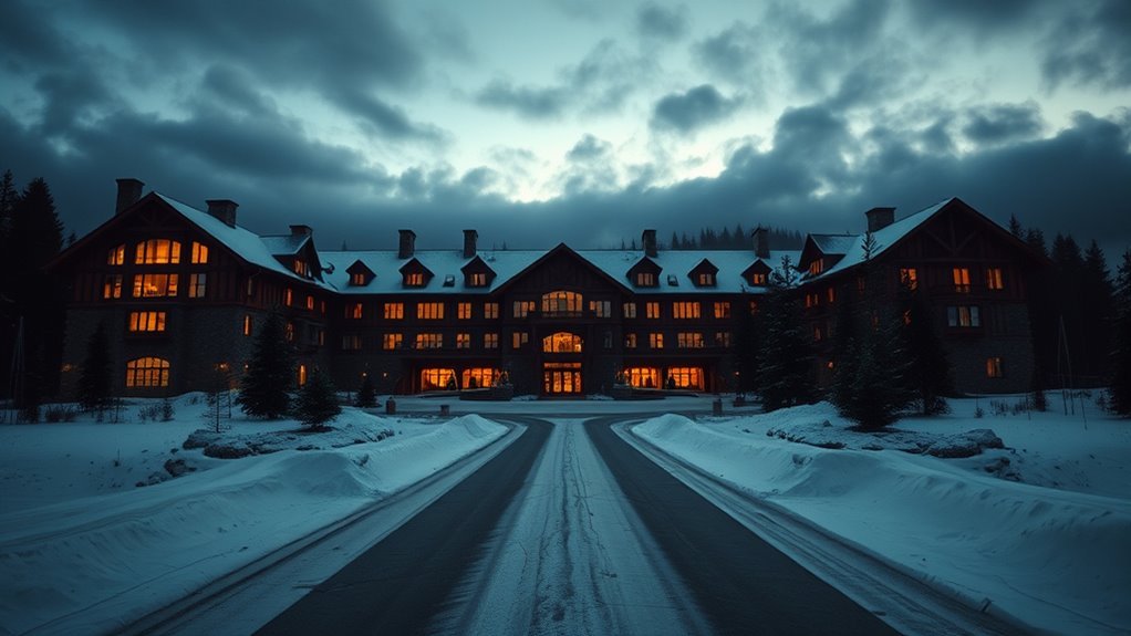 Isolated mountain hotel representing the Overlook Hotel in The Shining