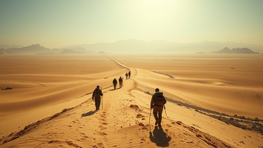 People and livestock traveling on foot through a dry wilderness landscape