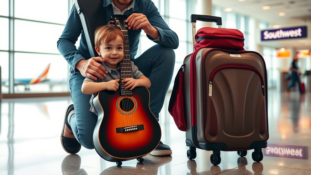 Family with young children traveling with a stroller and carry-on bags at airport departure gate
