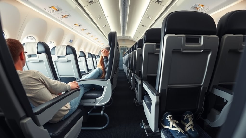 Airline passenger knee space between two economy seat rows