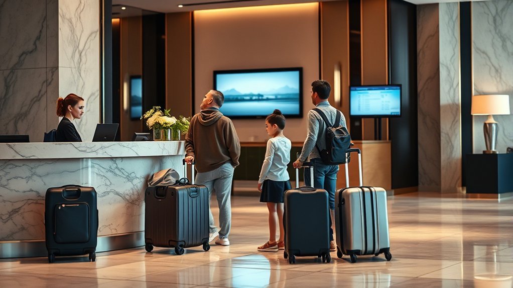 Hotel front desk agent checking a family's registered guest count and room policy