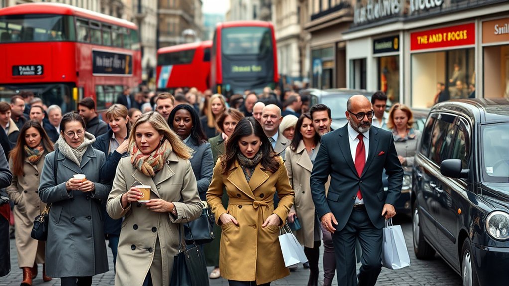 People shopping for clothing in a busy London retail district
