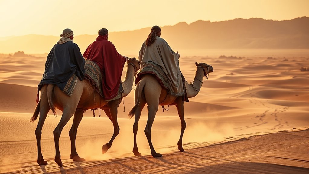 Ancient Magi traveling slowly with camels and supplies