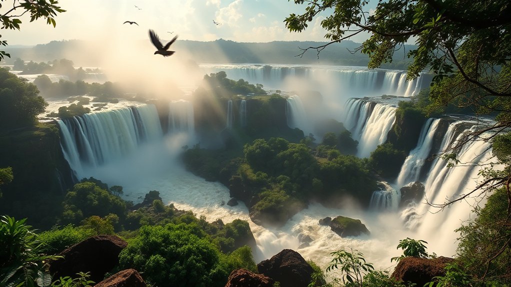 Iguazú Falls cascades flowing over basalt cliffs in subtropical rainforest