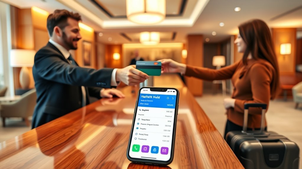 Complete Hotel Debit Card Guide for 2026 Stays Hotel front desk check-in showing payment terminal for debit card verification