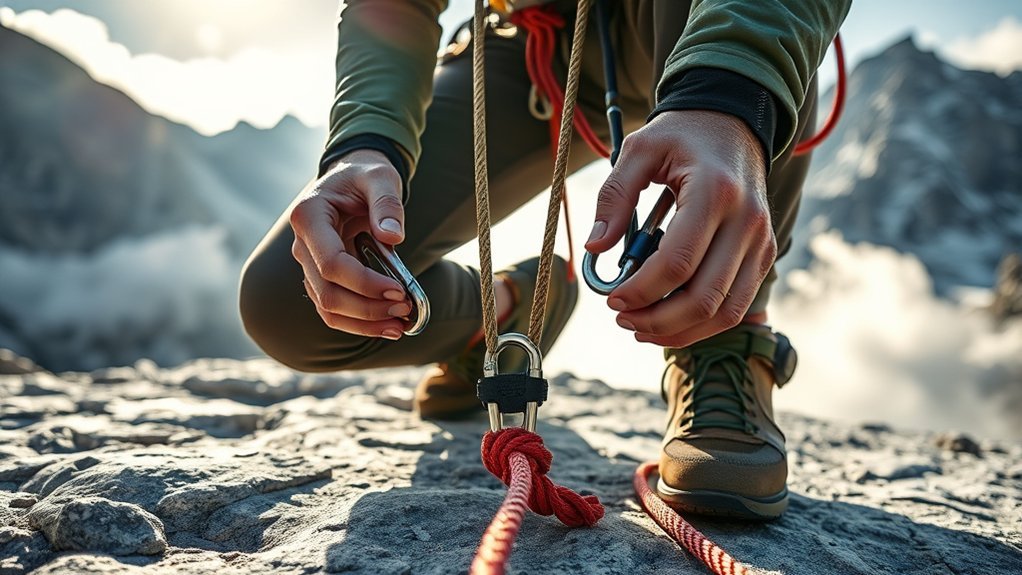 Climbing partners checking an anchor and belay system