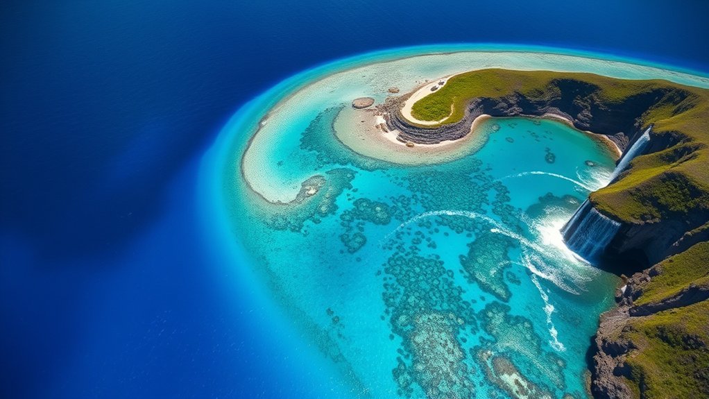 Helicopter view of the southwestern coastline of Mauritius showing Le Morne Brabant mountain and the surrounding lagoon